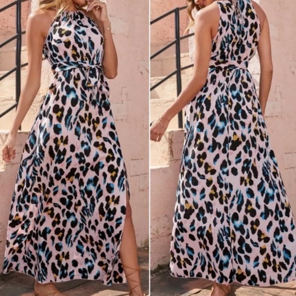 Boho Leopard Print Belted Halter Maxi Dress - Picture 3 of 6
